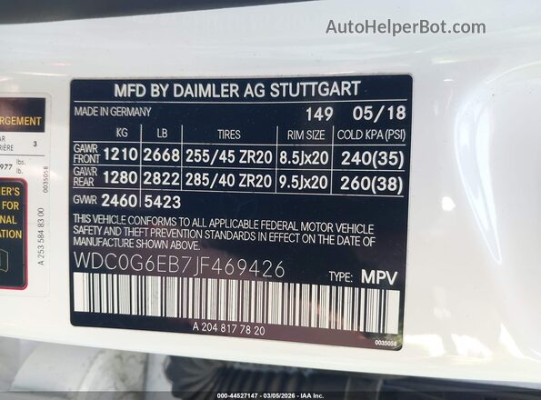 WDC0G6EB7JF469426 2018 MERCEDES-BENZ AMG GLC 43 Белый 