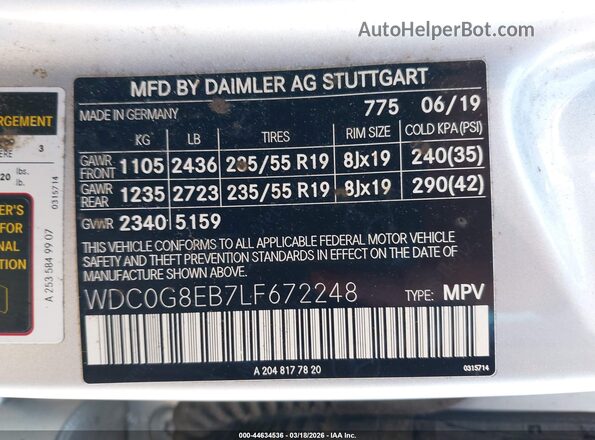 WDC0G8EB7LF672248 2020 MERCEDES-BENZ GLC 300 Silver 