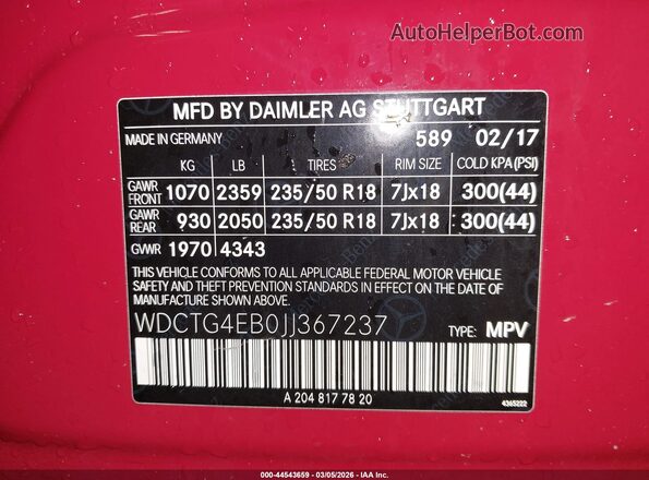 WDCTG4EB0JJ367237 2018 MERCEDES-BENZ GLA 250 Red Vista del compartimento del motor