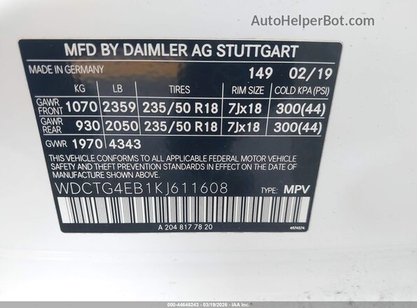 WDCTG4EB1KJ611608 2019 MERCEDES-BENZ GLA 250 White Вид підкапотного простору