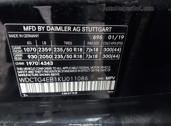 WDCTG4EB1KU011086 2019 MERCEDES-BENZ GLA 250 Black Вид підкапотного простору