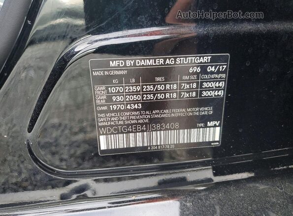 WDCTG4EB4JJ383408 2018 MERCEDES-BENZ GLA-CLASS Black Widok naklejki z numerem VIN