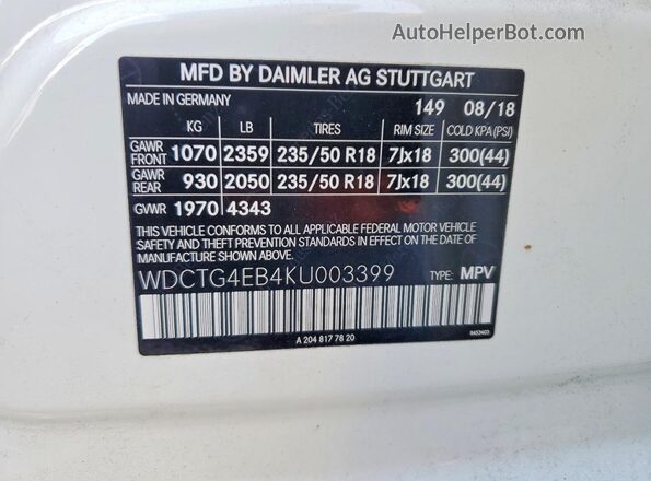 WDCTG4EB4KU003399 2019 MERCEDES-BENZ GLA White 
