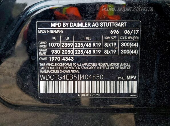 WDCTG4EB5JJ404850 2018 MERCEDES-BENZ GLA Black Vista de la etiqueta del VIN