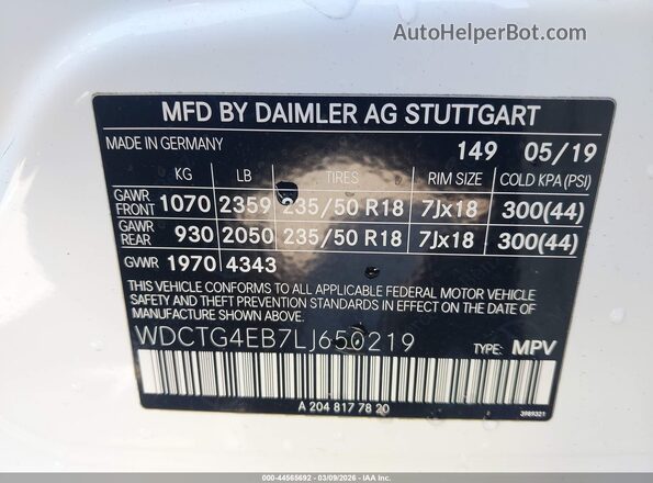 WDCTG4EB7LJ650219 2020 MERCEDES-BENZ GLA 250 Белый Вид подкапотного пространства