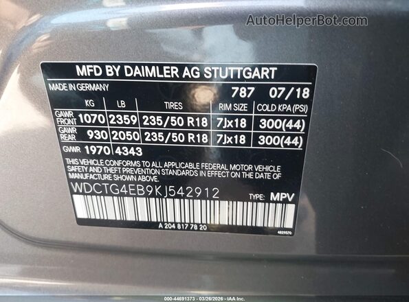 WDCTG4EB9KJ542912 2019 MERCEDES-BENZ GLA 250 Gray Շարժիչի բաժամունքի տեսք