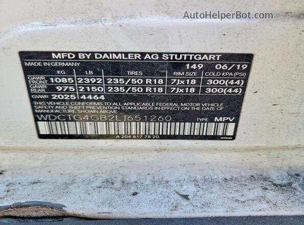 WDCTG4GB2LJ651260 2020 MERCEDES-BENZ GLA White 
