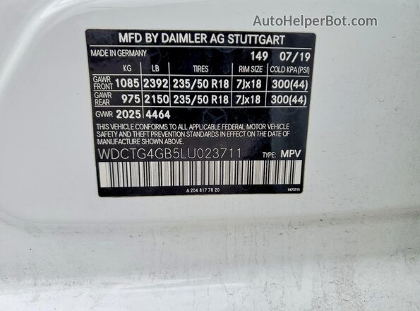 WDCTG4GB5LU023711 2020 MERCEDES-BENZ GLA Белый Панорамный вид салона 360°