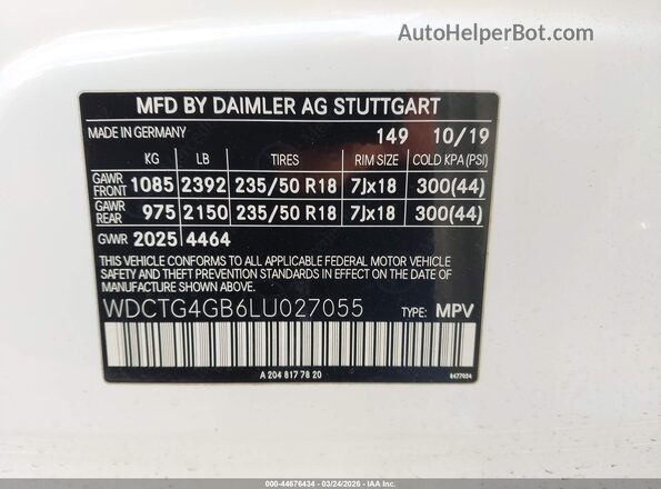 WDCTG4GB6LU027055 2020 MERCEDES-BENZ GLA 250 White 