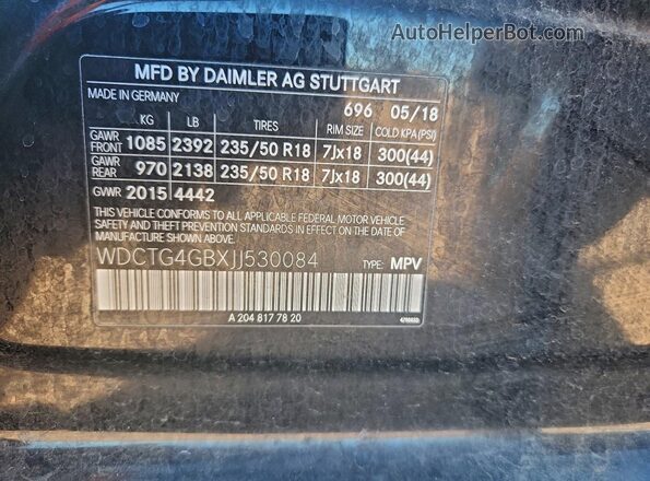 WDCTG4GBXJJ530084 2018 MERCEDES-BENZ GLA Black Widok naklejki z numerem VIN