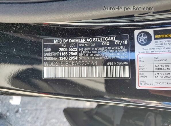 WDD2J5JB0KA020464 2019 MERCEDES-BENZ CLS-CLASS Black VIN კოდის სტიკერის ხედი