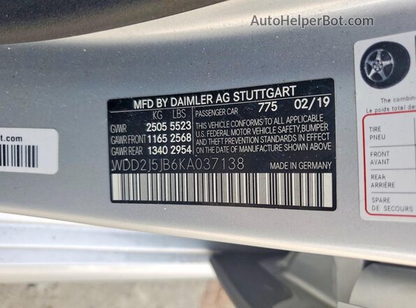 WDD2J5JB6KA037138 2019 MERCEDES-BENZ CLS-CLASS Silver VIN կոդի պիտակի տեսք