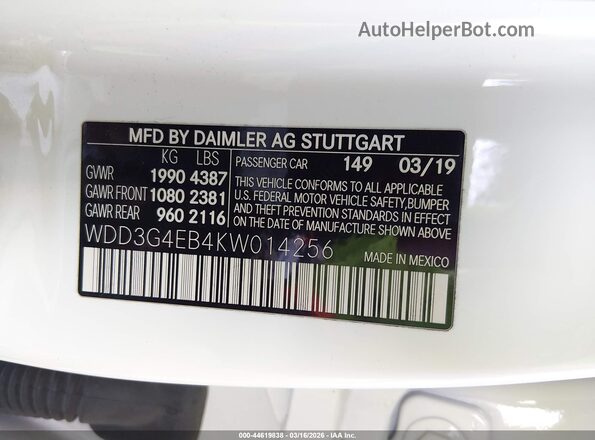 WDD3G4EB4KW014256 2019 MERCEDES-BENZ A 220 White Вид підкапотного простору