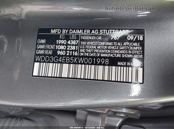 WDD3G4EB5KW001998 2019 MERCEDES-BENZ A 220 Gray Շարժիչի բաժամունքի տեսք