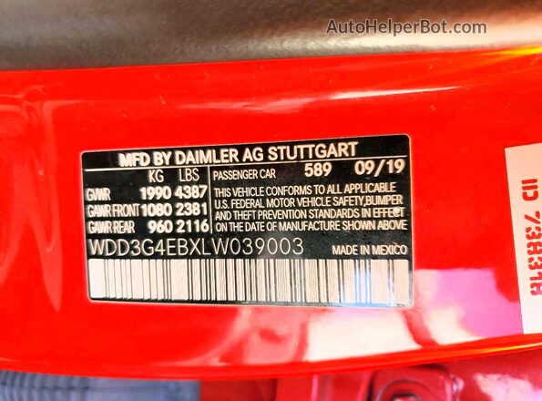 WDD3G4EBXLW039003 2020 MERCEDES-BENZ A Red VIN կոդի պիտակի տեսք