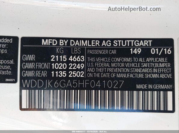 WDDJK6GA5HF041027 2017 MERCEDES-BENZ SL 450 White Widok komory silnika