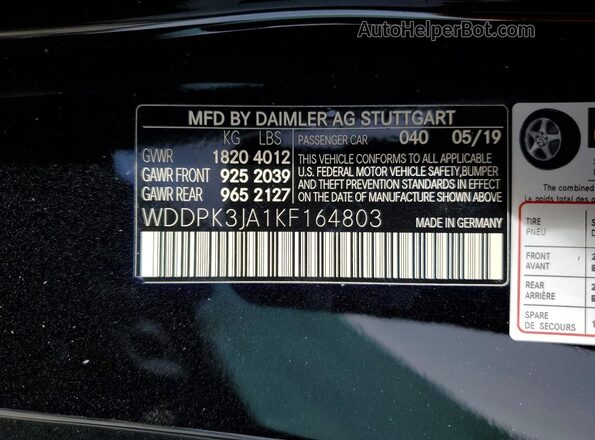 WDDPK3JA1KF164803 2019 MERCEDES-BENZ SLC Black VIN კოდის სტიკერის ხედი