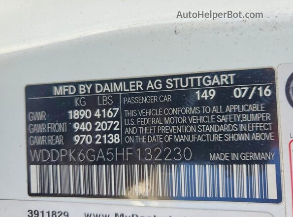 WDDPK6GA5HF132230 2017 MERCEDES-BENZ SLC Белый Вид наклейки с VIN-кодом