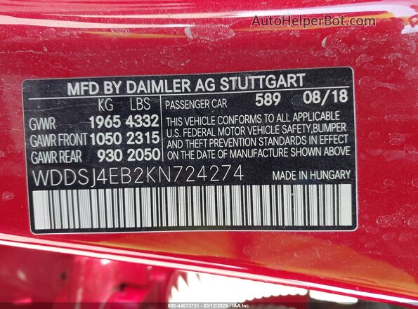 WDDSJ4EB2KN724274 2019 MERCEDES-BENZ CLA 250 Red 