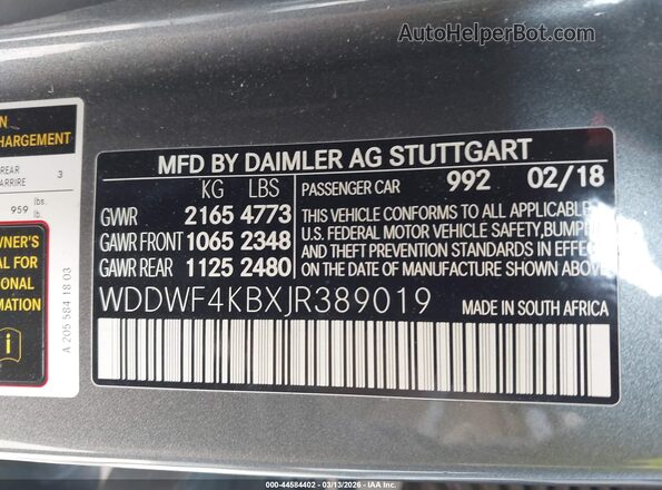 WDDWF4KBXJR389019 2018 MERCEDES-BENZ C-CLASS Gray Շարժիչի բաժամունքի տեսք