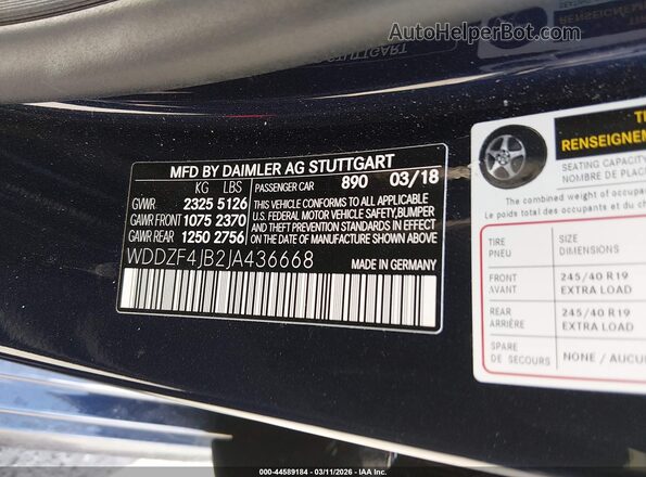 WDDZF4JB2JA436668 2018 MERCEDES-BENZ E-CLASS Blue Vista del compartimento del motor
