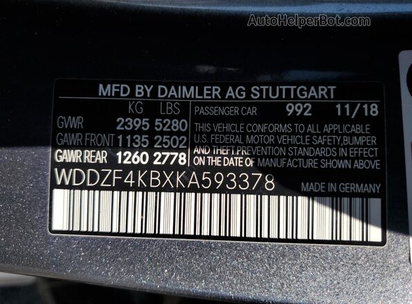 WDDZF4KBXKA593378 2019 MERCEDES-BENZ E Gray 