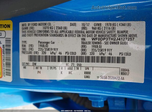 WF0DP3TH2J4127257 2018 FORD FOCUS RS Light Blue Vista del compartimento del motor