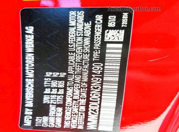 WMW23DL06N3N91490 2022 MINI COOPER Red Widok naklejki z numerem VIN