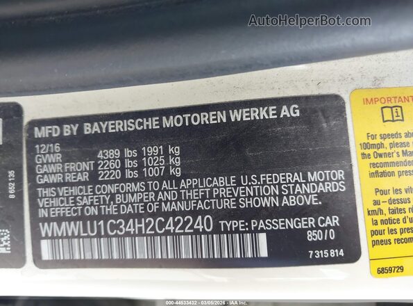 WMWLU1C34H2C42240 2017 MINI CLUBMAN Cream ძრავის განყოფილების ხედი