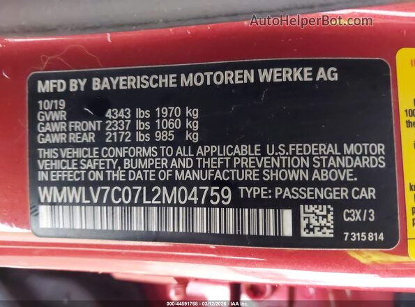WMWLV7C07L2M04759 2020 MINI CLUBMAN Red Vista del compartimento del motor