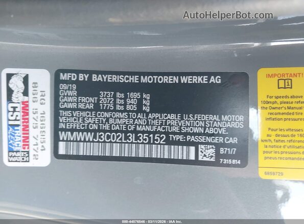 WMWWJ3C02L3L35152 2020 MINI CONVERTIBLE Gray ძრავის განყოფილების ხედი