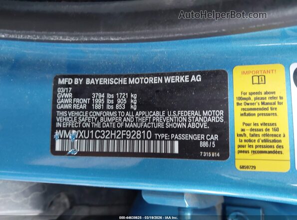 WMWXU1C32H2F92810 2017 MINI HARDTOP Blue ძრავის განყოფილების ხედი