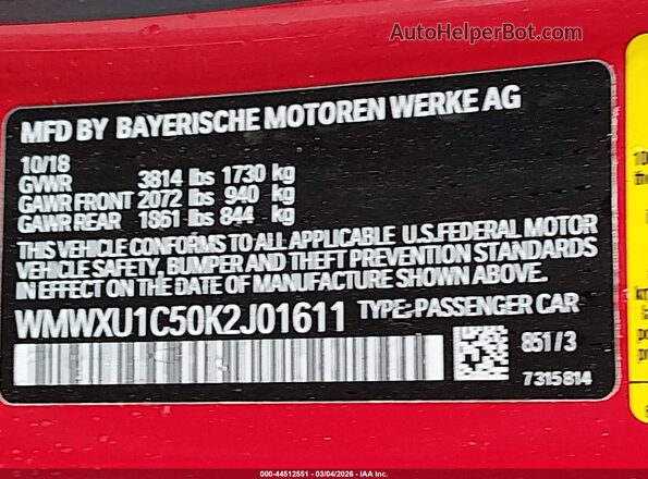 WMWXU1C50K2J01611 2019 MINI HARDTOP Red Vista del compartimento del motor