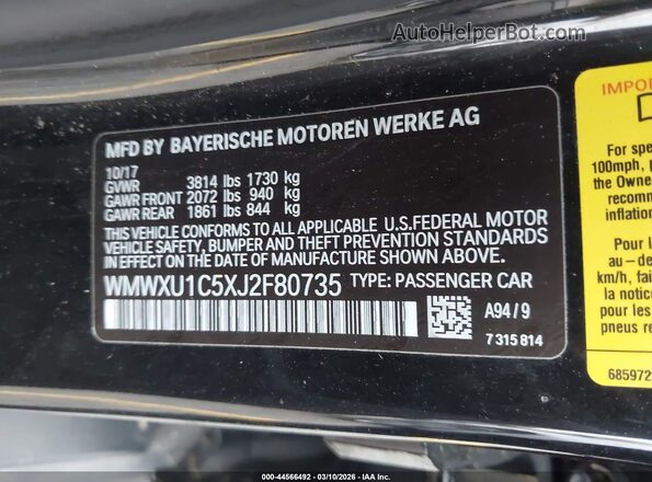 WMWXU1C5XJ2F80735 2018 MINI HARDTOP Black Вид підкапотного простору