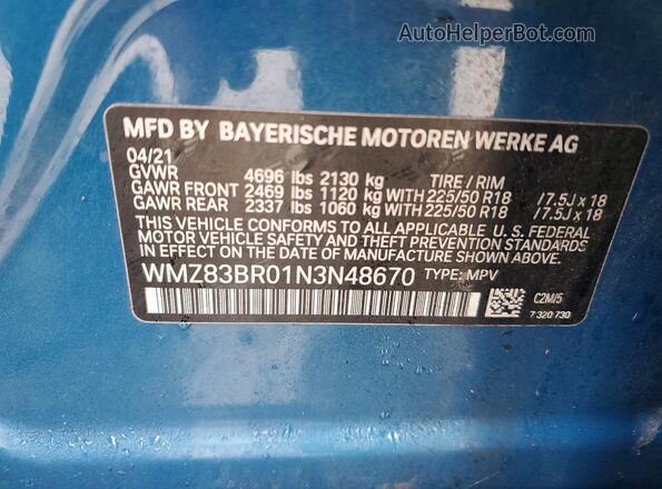WMZ83BR01N3N48670 2022 MINI COOPER Синий Вид наклейки с VIN-кодом