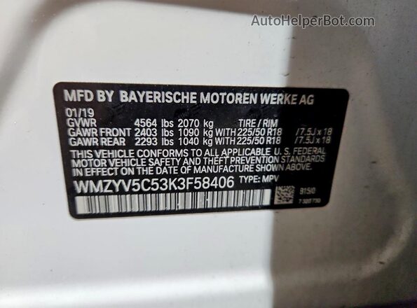 WMZYV5C53K3F58406 2019 MINI COOPER White Вид наклейки з VIN-кодом