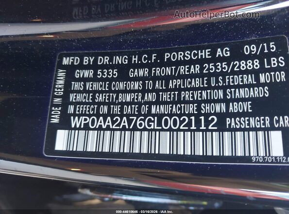WP0AA2A76GL002112 2016 PORSCHE PANAMERA Черный Вид подкапотного пространства