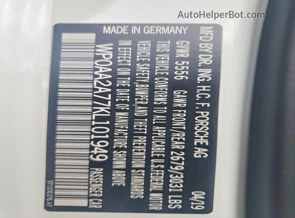WP0AA2A77KL101949 2019 PORSCHE PANAMERA White 