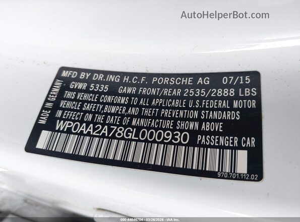 WP0AA2A78GL000930 2016 PORSCHE PANAMERA Белый Вид подкапотного пространства