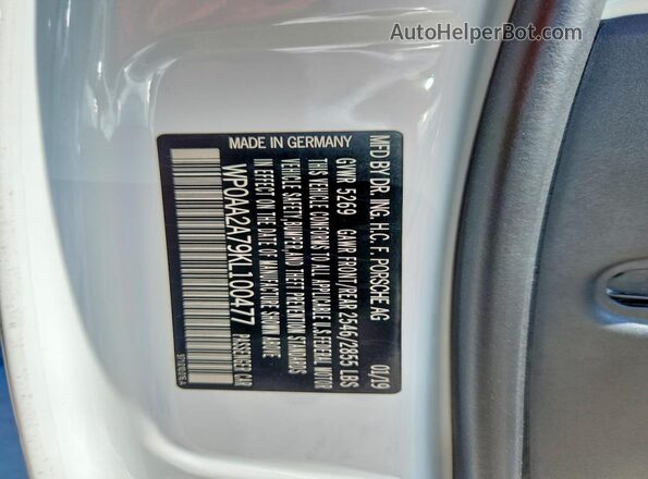 WP0AA2A79KL100477 2019 PORSCHE PANAMERA White VIN კოდის სტიკერის ხედი