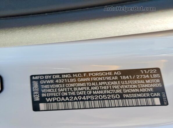 WP0AA2A94PS205250 2023 PORSCHE 911 White Widok naklejki z numerem VIN