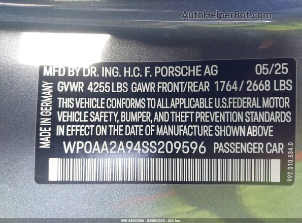 WP0AA2A94SS209596 2025 PORSCHE 911 Gray Вид підкапотного простору