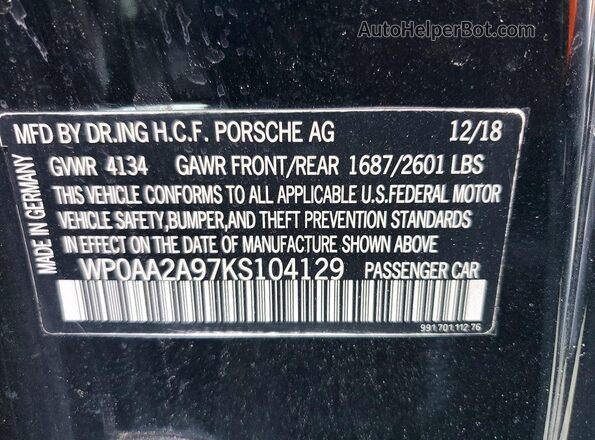 WP0AA2A97KS104129 2019 PORSCHE 911 Black Вид підкапотного простору
