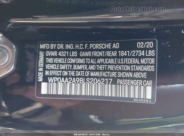 WP0AA2A98LS206217 2020 PORSCHE 911 Black ძრავის განყოფილების ხედი
