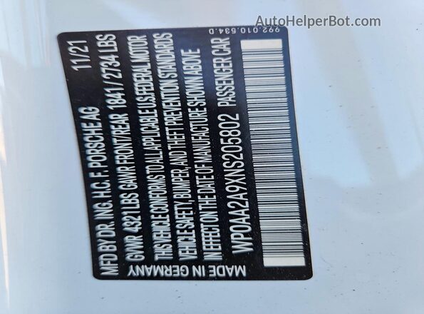 WP0AA2A9XNS205802 2022 PORSCHE 911 White VIN sticker view