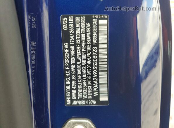 WP0AA2A9XSS208923 2025 PORSCHE 911 Blue Շարժիչի բաժամունքի տեսք