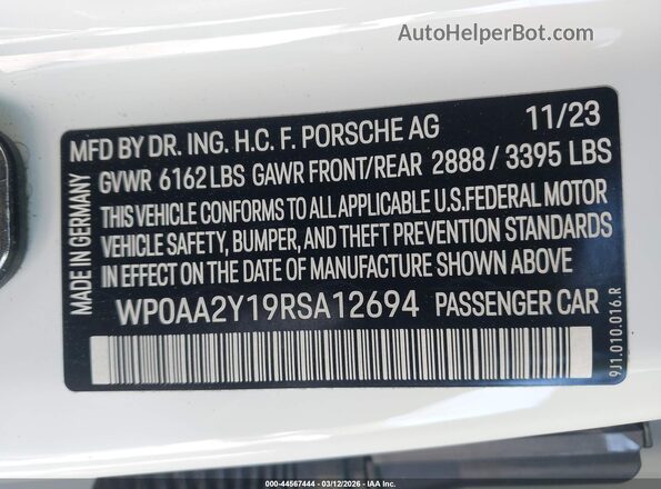 WP0AA2Y19RSA12694 2024 PORSCHE TAYCAN White Շարժիչի բաժամունքի տեսք