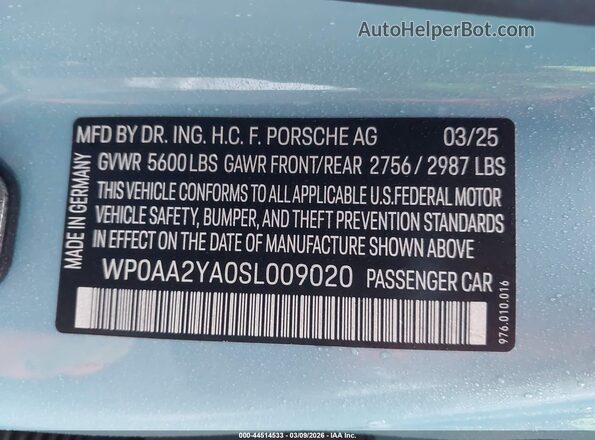 WP0AA2YA0SL009020 2025 PORSCHE PANAMERA Light Blue Engine compartment view