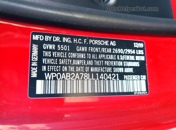 WP0AB2A78LL140421 2020 PORSCHE PANAMERA Red Вид наклейки з VIN-кодом