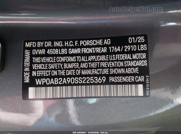 WP0AB2A90SS225369 2025 PORSCHE 911 Gray Engine compartment view